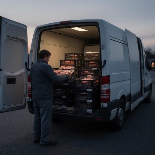 Załadunek skrzyń z wędlinami do samochodu chłodni
