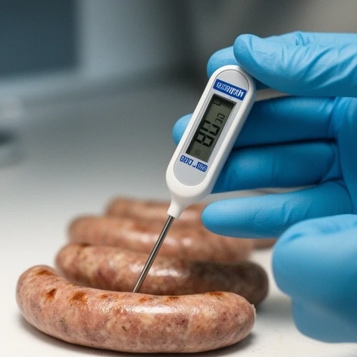 Pomiar temperatury wewnątrz wędliny termometrem sondowym