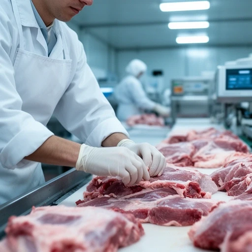 Pracownik masarni przy stole produkcyjnym