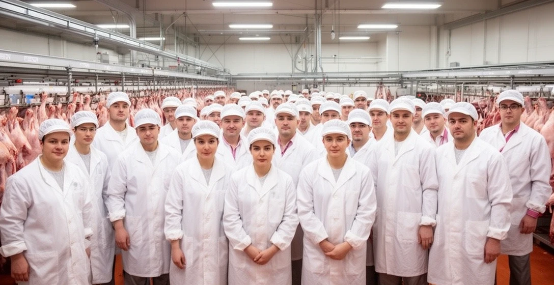 Pracownicy masarni przy stole produkcyjnym w białych fartuchach