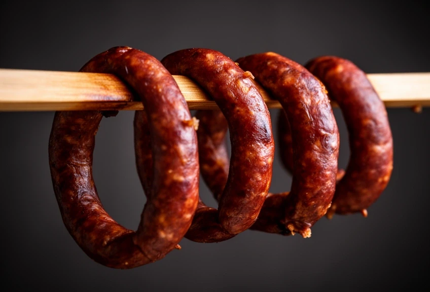 Kiełbasa jałowcowa po wędzeniu, zawieszona na kiju wędzarniczym